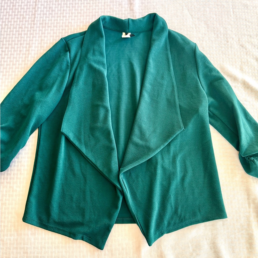 MOA USA Womens XL Dark Teal Textured Crepe Open Front Ruched Sleeve Blazer 2160